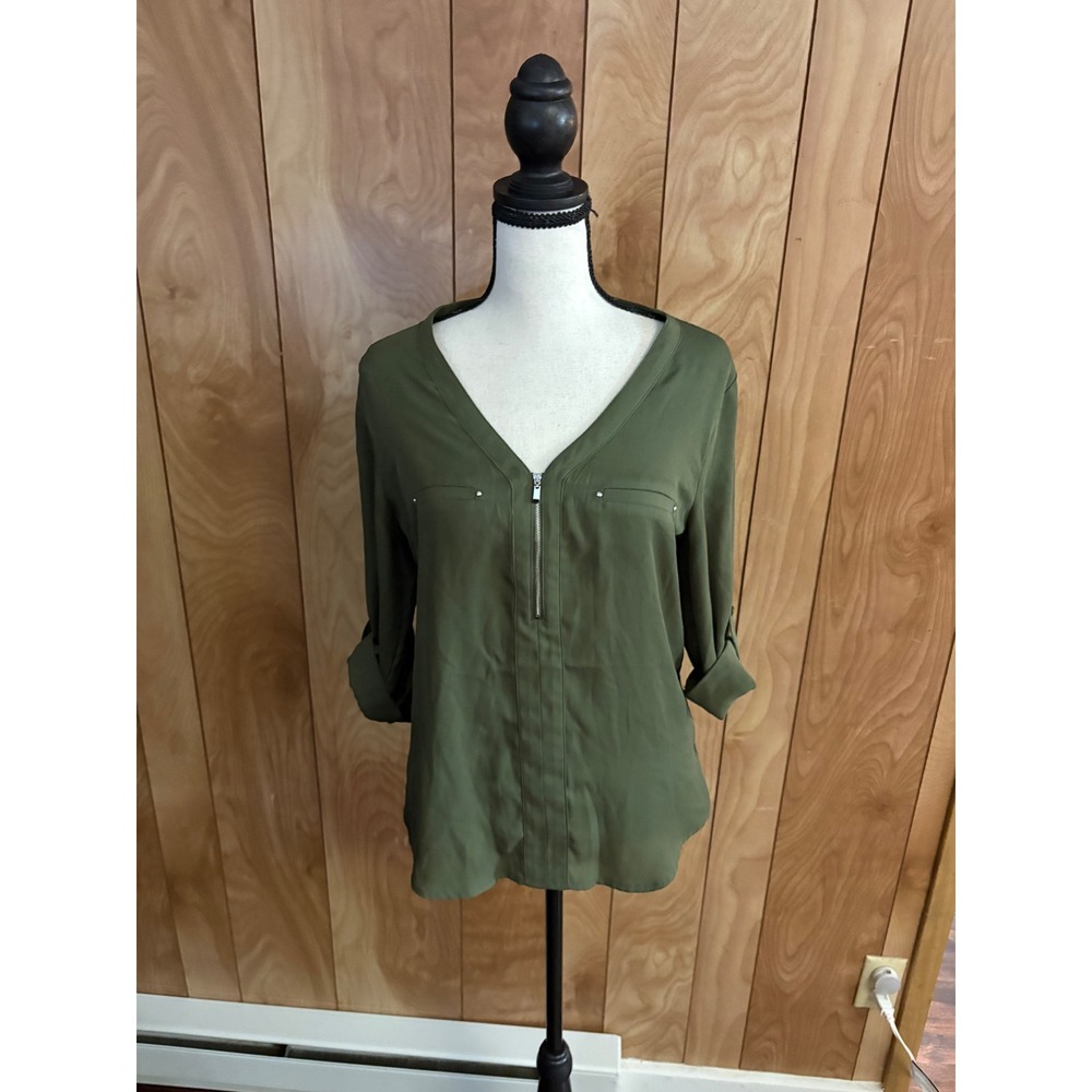 Fortune‎ + Ivy Womens Small Olive Green Mixed Media Roll Tab Half Zip Blouse Top